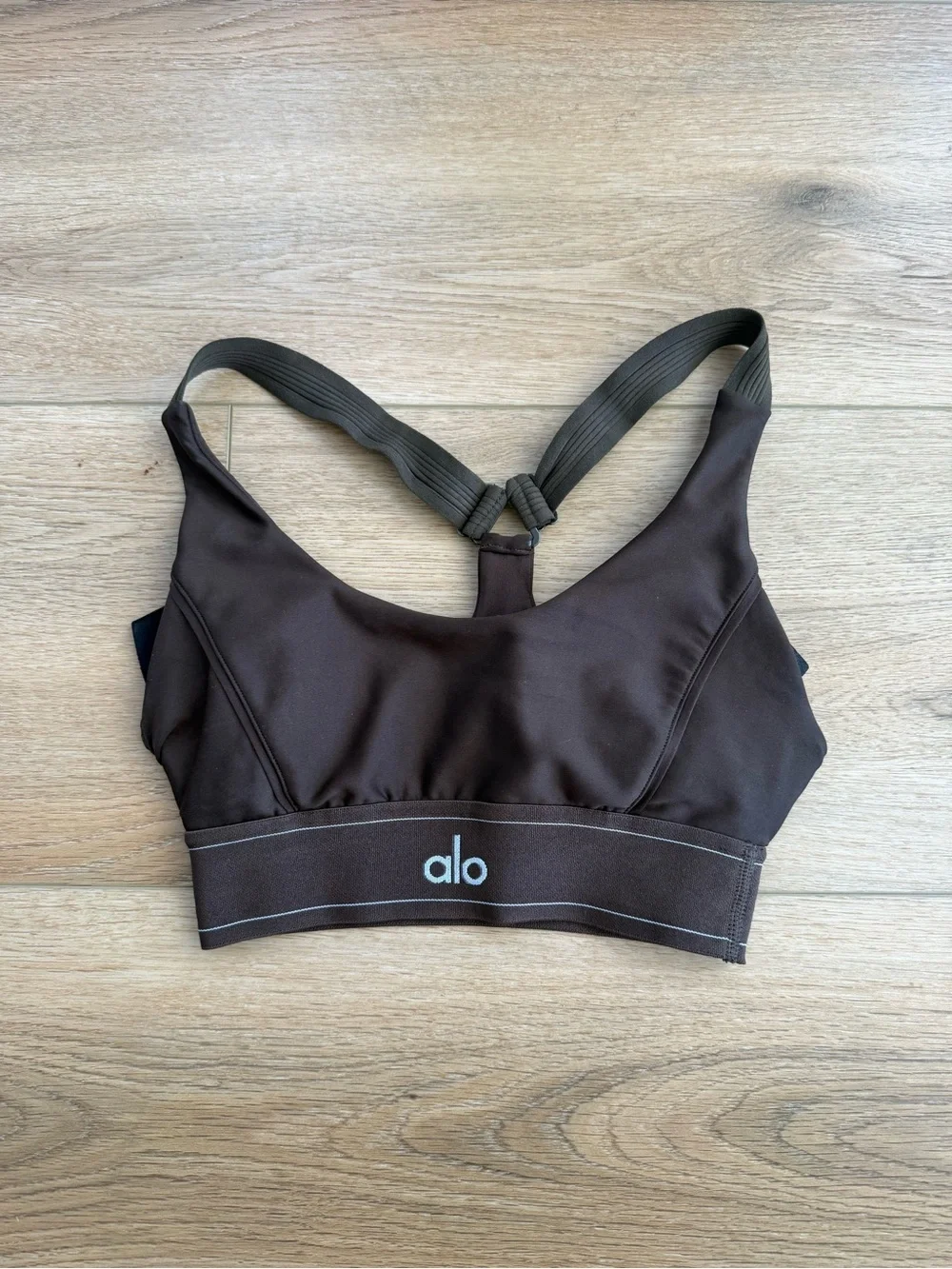 Alo Women's Brown Sports Bra with Light Blue Logo